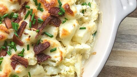 Thanksgiving Dinner Ideas - drinks, appetizers, main course and dessert 6 Image for Loaded Cauliflower Au Gratin Keto Recipe