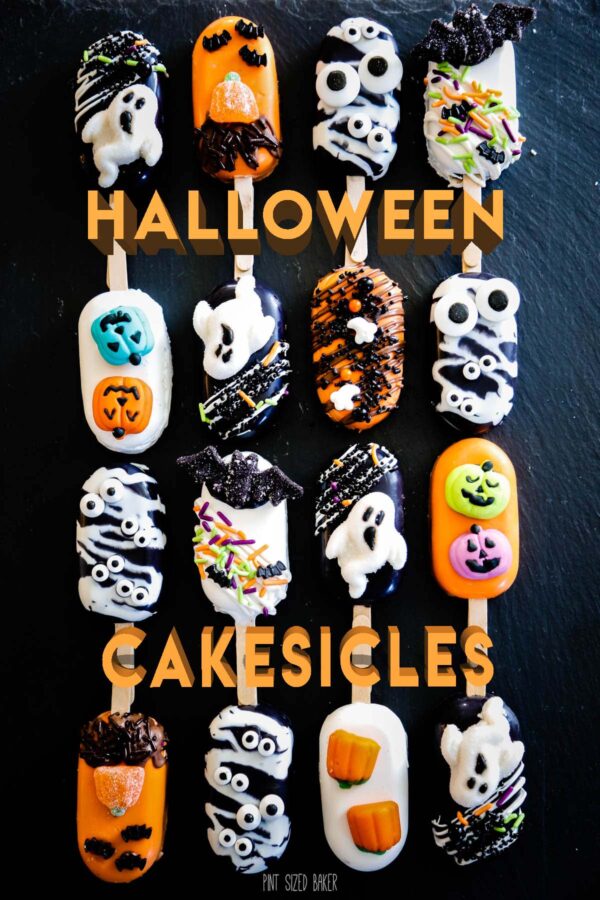 16 Caramel and Chocolate filled Cakesicles all decorated for Halloween!