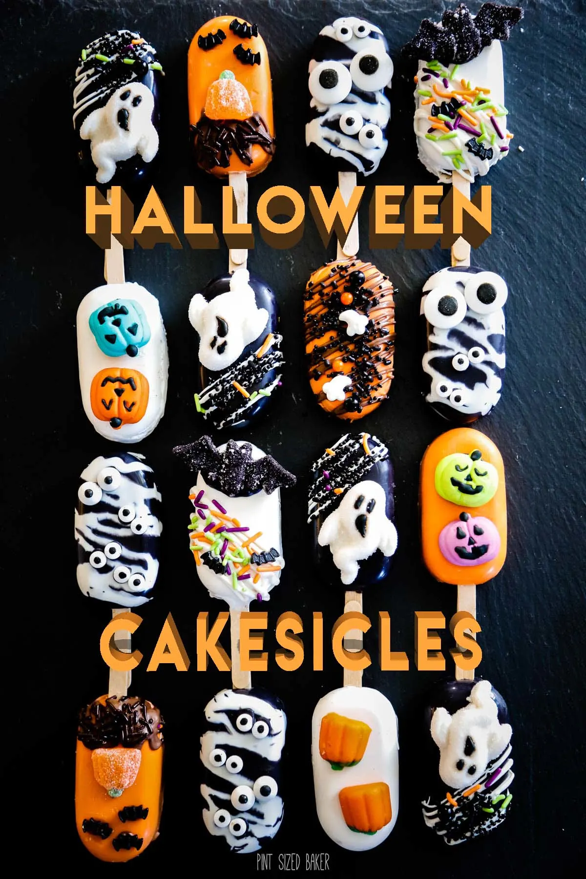 16 Caramel and Chocolate filled Cakesicles all decorated for Halloween!