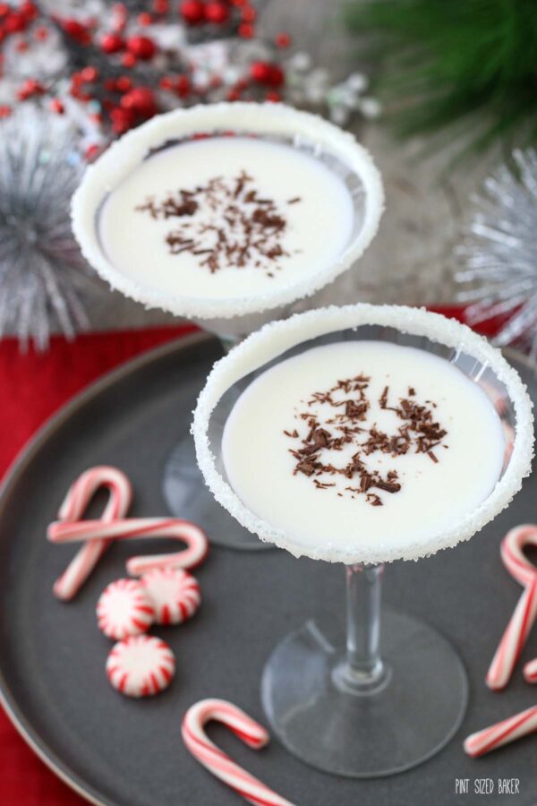 Image shows the finished white martini dressed up for Christmas ready to be enjoyed. 
