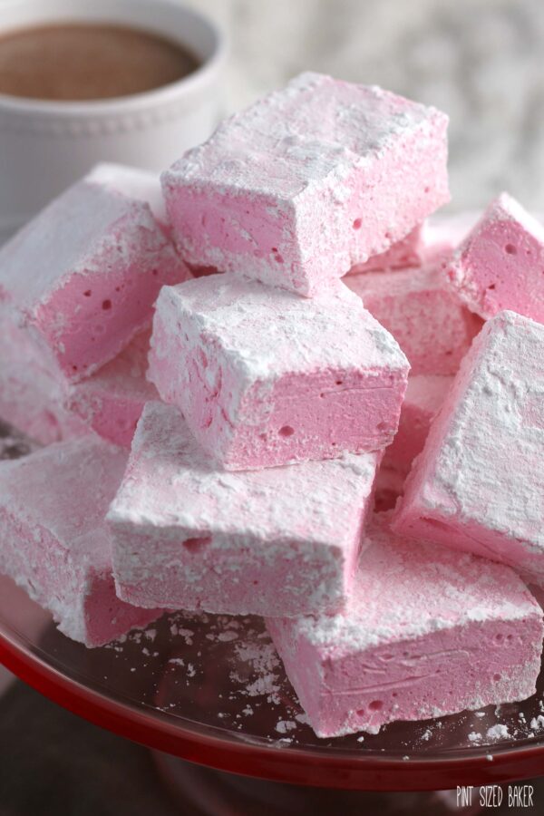A close up shot of the finished boozy marshmallows, the recipe for marshmallows is finished and they are ready to be eaten. 