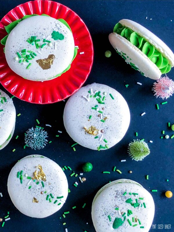 A detailed image of the Macarons to show the green sprinkles and gold leaf.