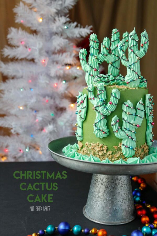 Christmas Saguaro Cactus Cake is perfect for your holiday party. This 6 layer cake feeds a crowd and everyone will want a Meringue Cactus Popsicle.