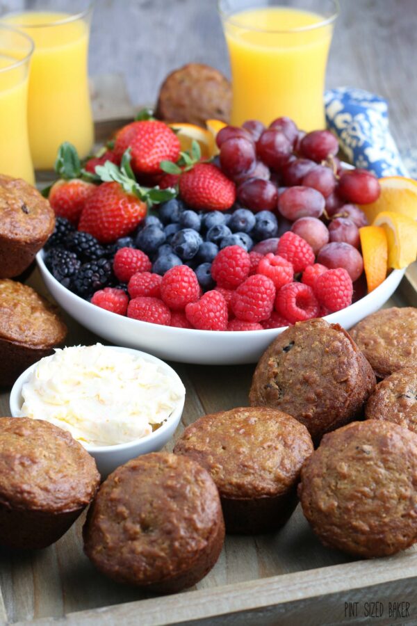 Another view of the finished bran muffins with fresh fruit for breakfast or snacking! 