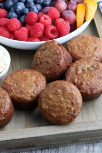 A finished look at the delicious bran muffins recipe fresh from the oven with some fruit!