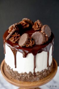 An image of the cake showcasing the ganache drip and the whipped ganache frosting with the Thin Mint Cookies.