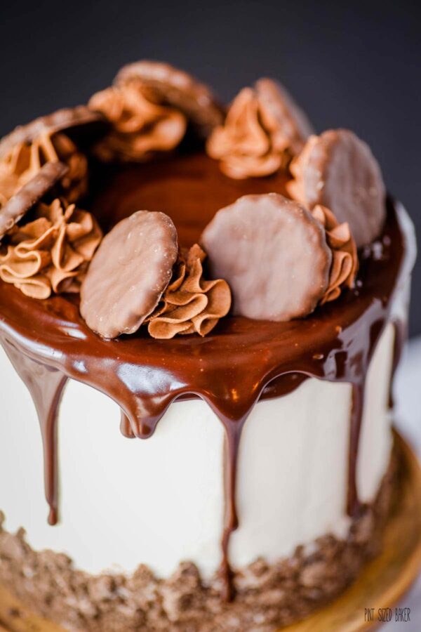 A picture of the top of the cake with whole Thin Mint Cookies with whipped ganache frosting.