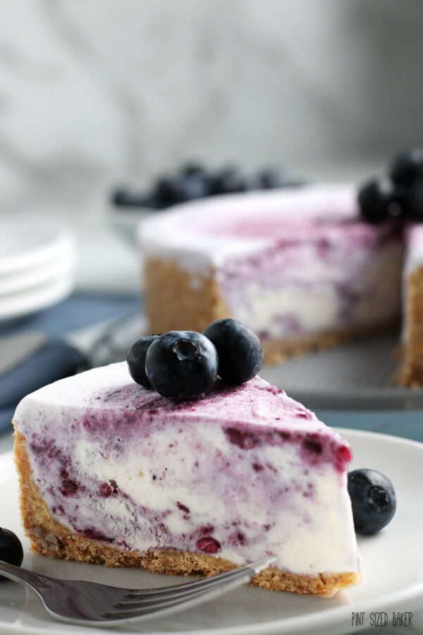 A single slice of blueberry ice cream tart with a buttery and delicious crust. 