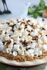 This is the finished no bake s'mores pie ready to be sliced and shared.