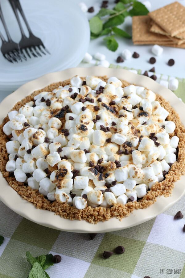 Here we see the full and finished no bake s'mores pie ready to be cut and served. 