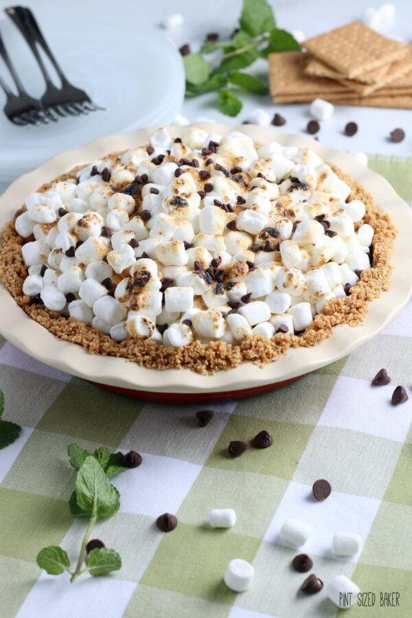 This is a shot of the finished mint chocolate s'mores pie ready to be eaten. 