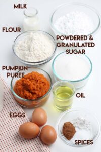 An image of all the ingredients needed for this pumpkin donut recipe.