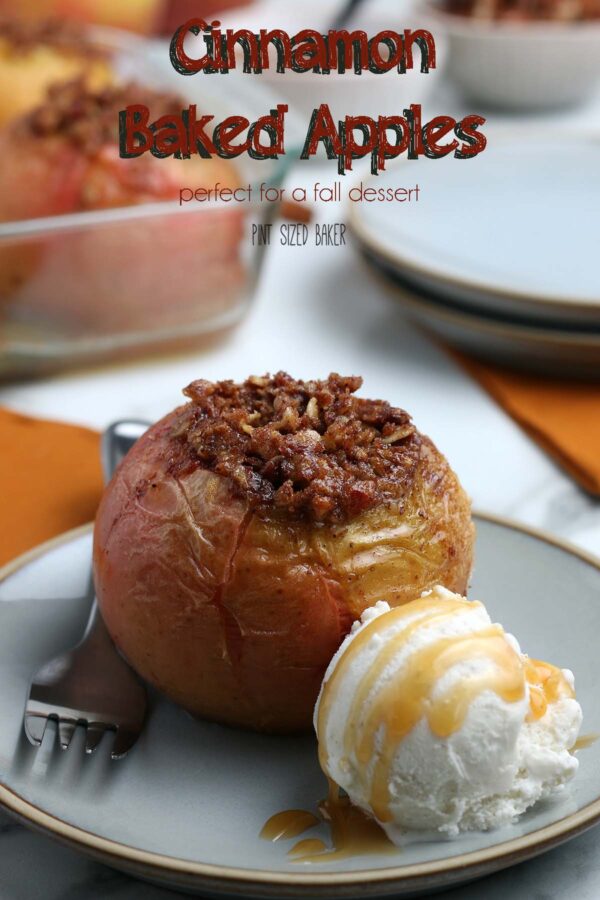 A close up image of a Cinnamon baked apple full of oats and spices with a scoop of ice cream on the side.