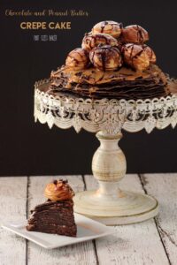 Lean-in image with text "Chocolate and peanut butter crepe cake".