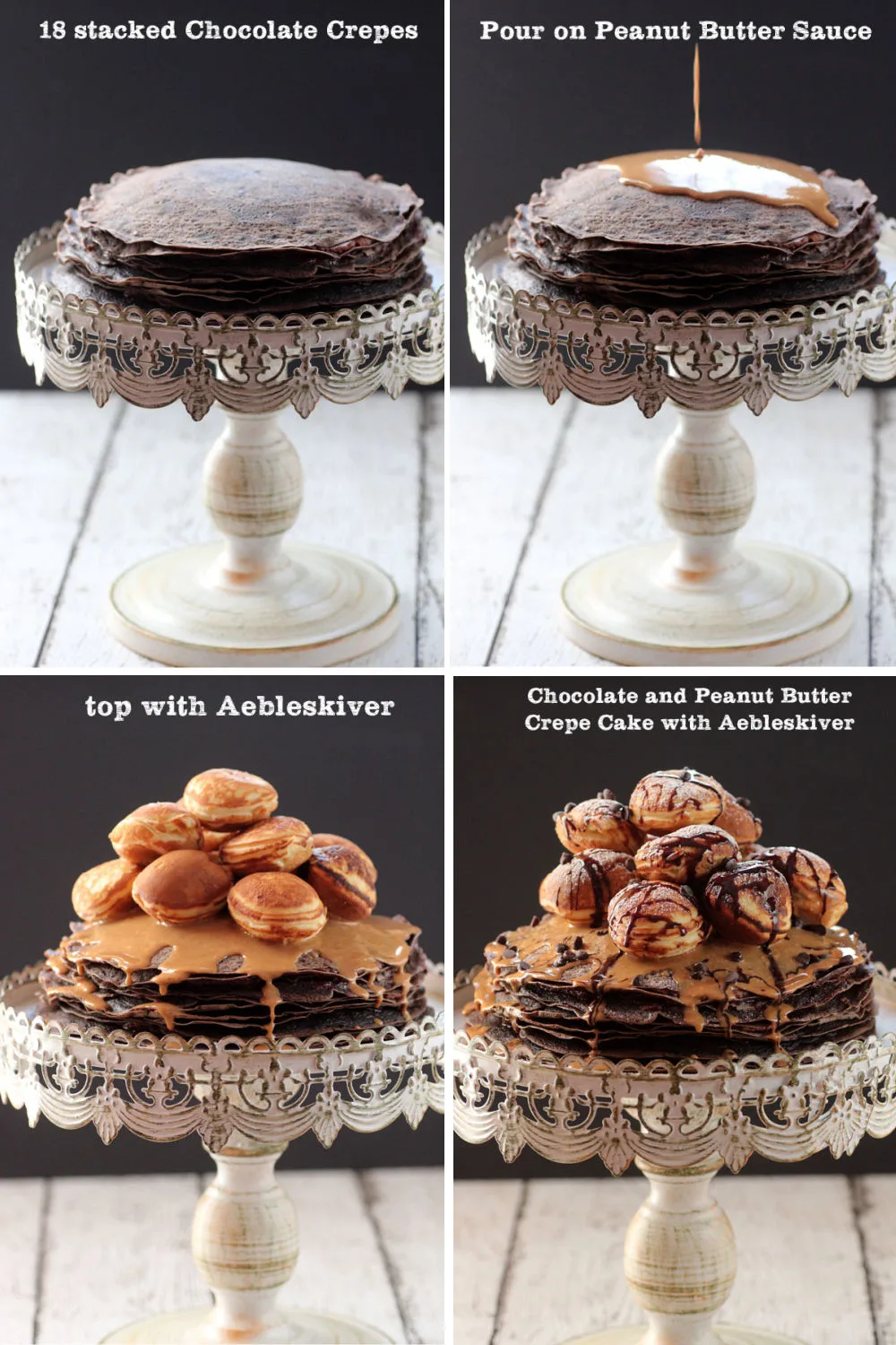 Collage image on how to assemble the chocolate and peanut butter crepe cake.