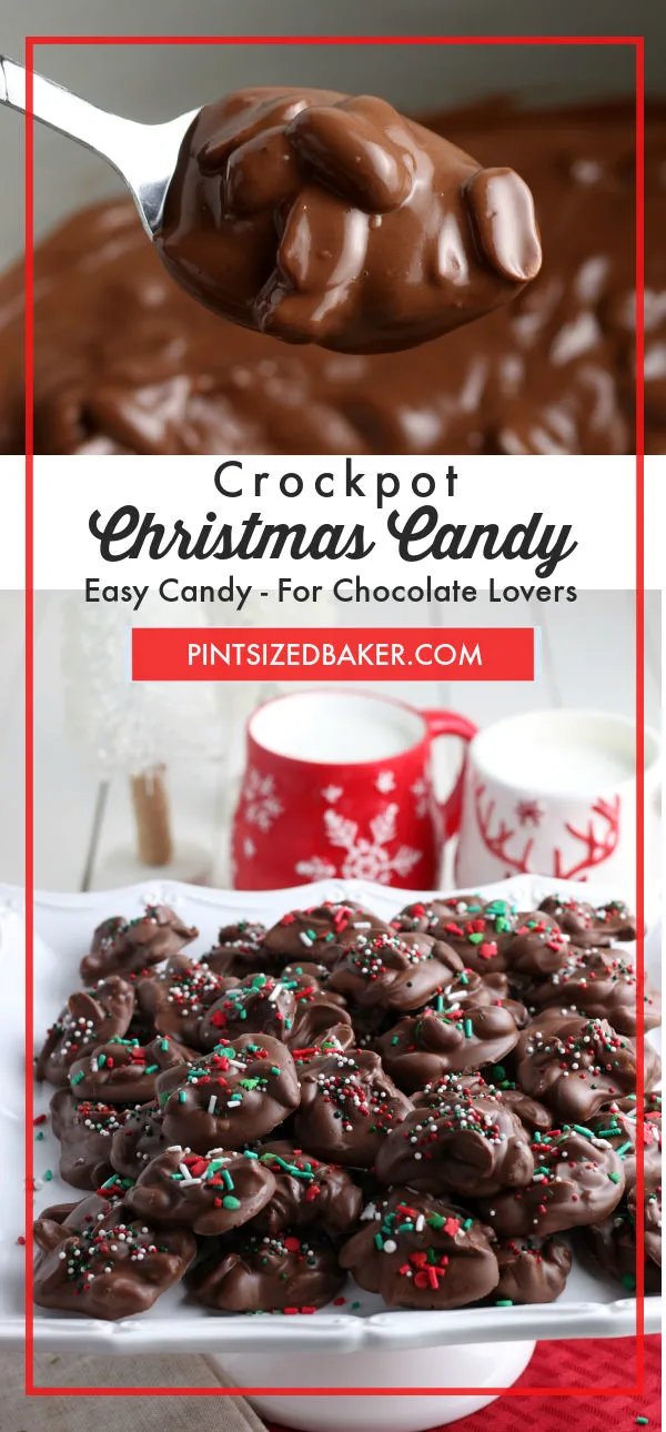 A collage image of the Christmas Crockpot Chocolate and Peanut Candy with text. 