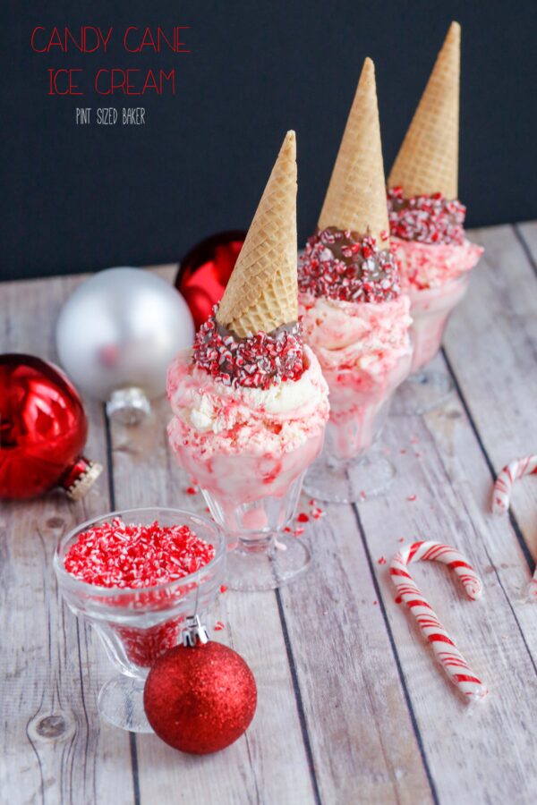 Lead in image of the Candy Cane Ice Cream Recipe with scoops of ice cream with chocolate dipped cones.