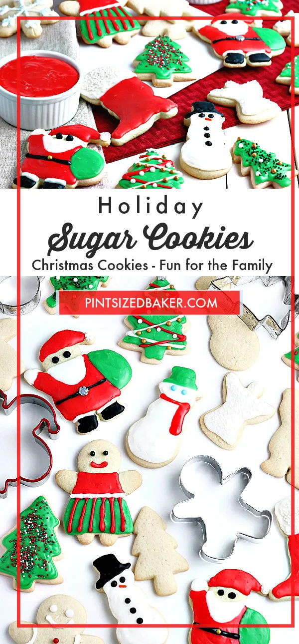 A collage image with the text "Holiday Sugar Cookies" and two images of the decorated cookies.