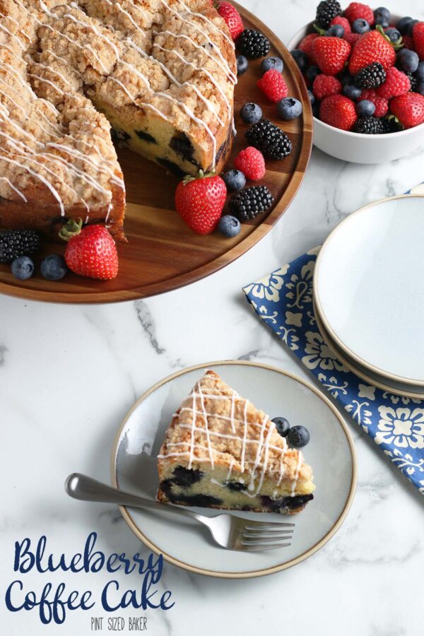 Lean in image of the Blueberry Coffee Cake slice on a plate with a fork and the remainder of the cake is on a platter with fresh berries.