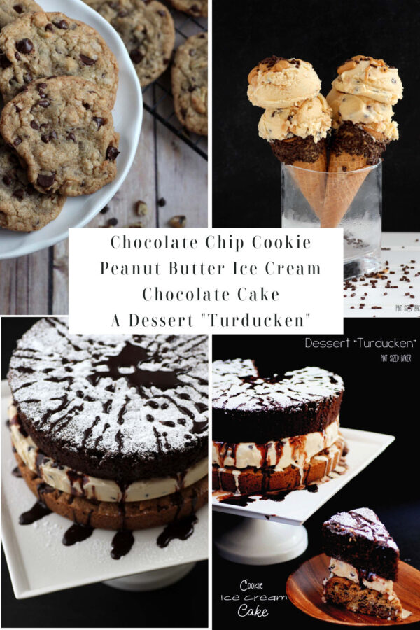 A collage image of the three recipes combined  - chocolate chip cookies, ice cream, and brownies layered together.