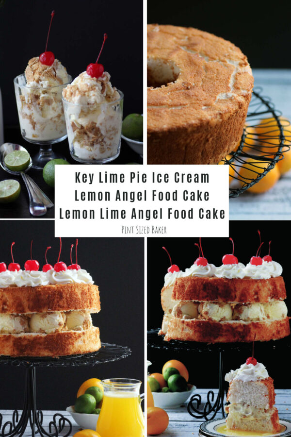 This is a collage of the four recipes that are included in the Lemon Lime Angel Food Cake dessert. 