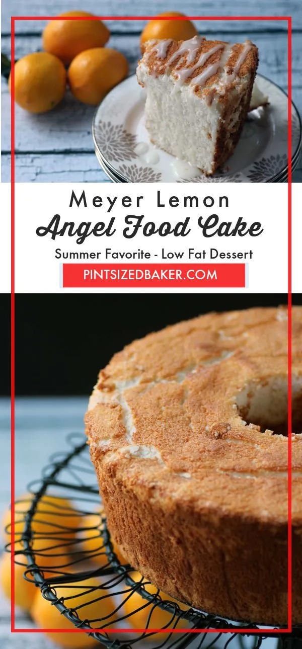 A collage image of the Meyer lemon angel food cake.