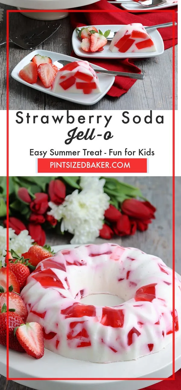 Collage image of the strawberry soda jell-o dessert.
