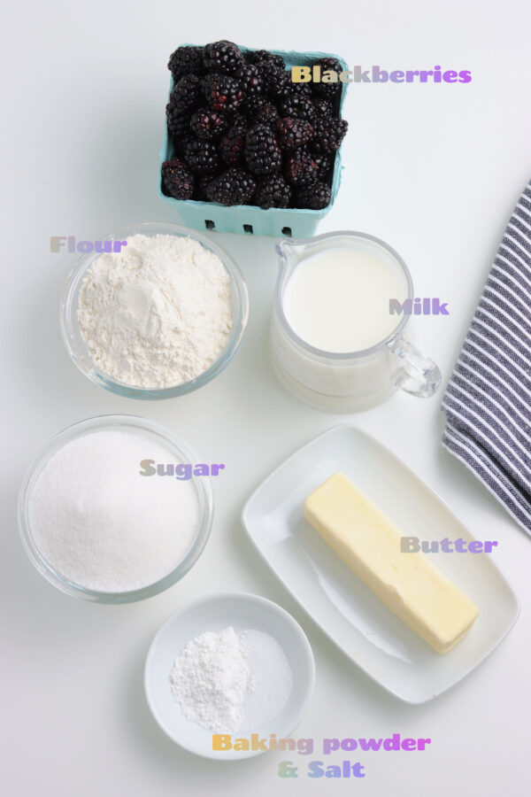 Image of the ingredients needed to make this recipe - blackberries, flour, milk, sugar, butter, baking powder, & salt.