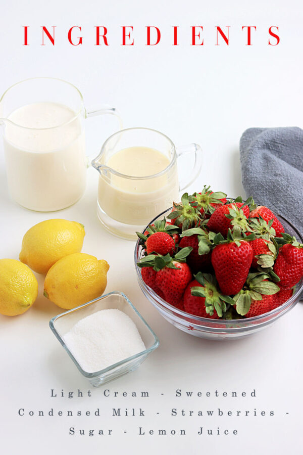 Basic ingredients needed - cream, condensed milk, strawberries, sugar, and lemon juice.