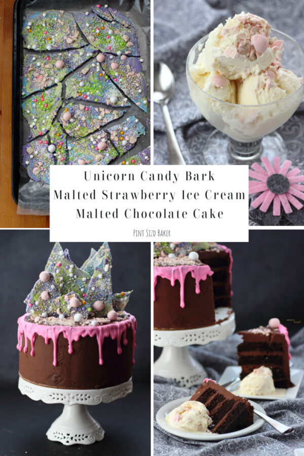 Image showing all three recipes that are used together with the chocolate cake. 