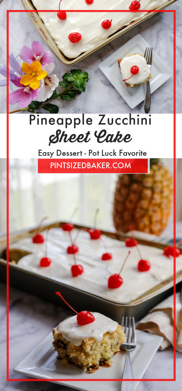 A quick and easy pineapple zucchini cake recipe with pineapple cream cheese frosting. It's the perfect sheet cake for parties.