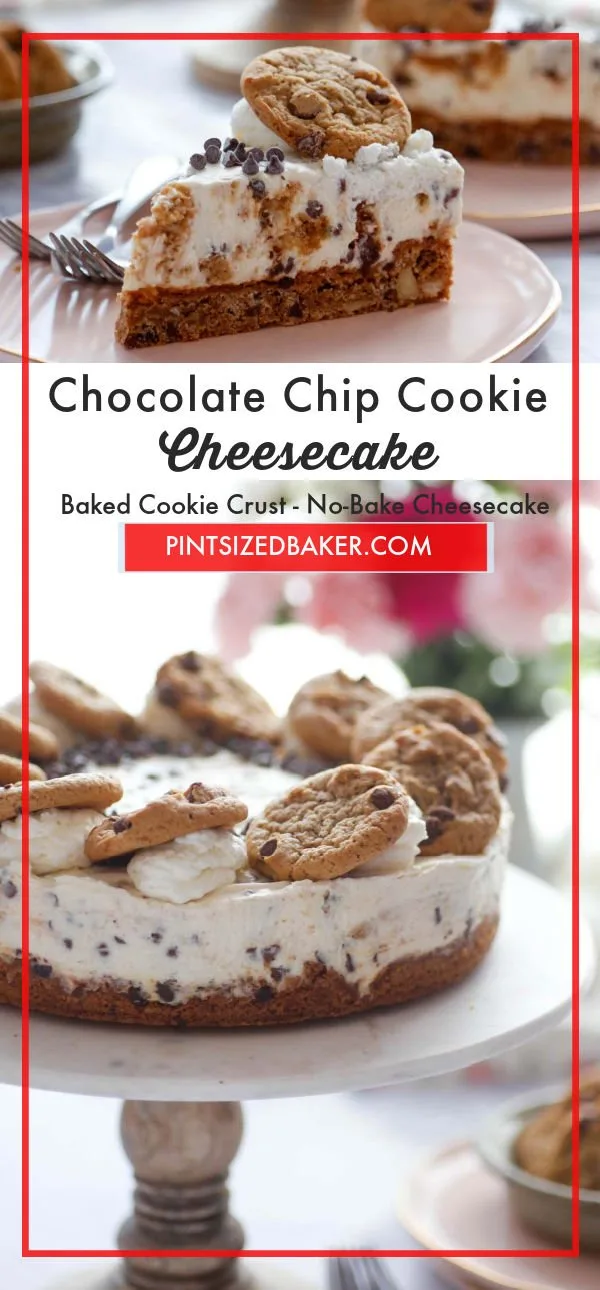 You get two treats in one with this Chocolate Chip Cookie Cheesecake dessert! A baked chocolate chip cookie crust plus a no-bake cheesecake filling. It's a match made in dessert heaven!