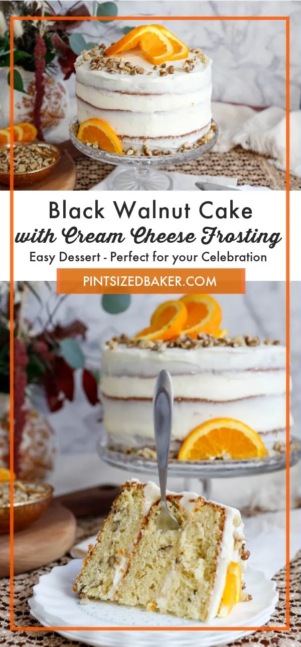 A classic Black Walnut Cake recipe that my grandma used to make. The bold black walnut flavor throughout the cake pairs with the hint of orange marmalade and sweet cream cheese frosting.