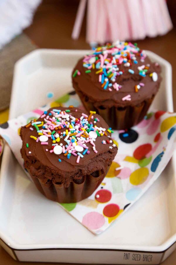 Two chocolate cupcakes with chocolate ganache frosting and rainbow sprinkles on a plate.