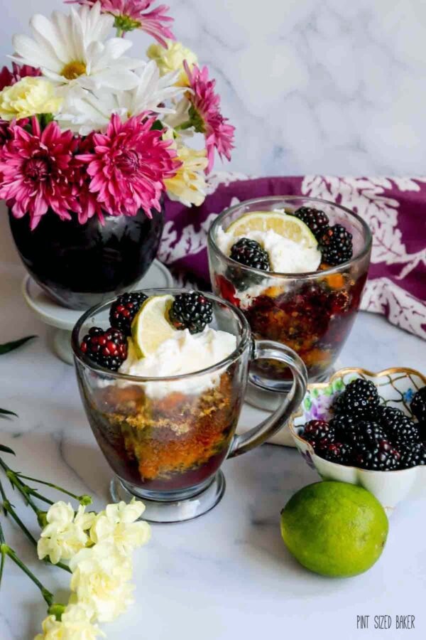 Blackberry and Lime cobbler baked in two mugs for a small dessert. 