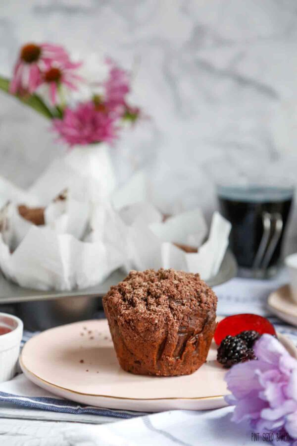 A chocolate zucchini muffin with a crumble topping on a pink plate.