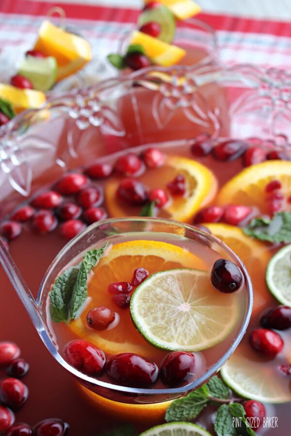 Ladling up the spiked punch with some citrus slices and fresh cranberries.