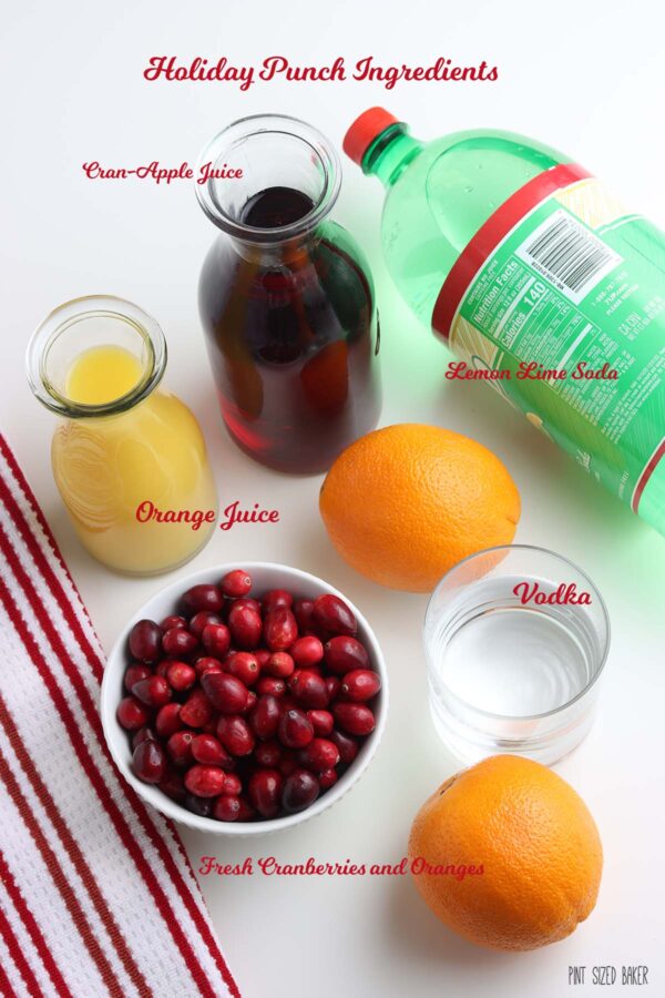 Ingredients needed to make the punch: Orange juice, cran-apple juice, lemon lime soda, vodka, fresh cranberries and orange slices.