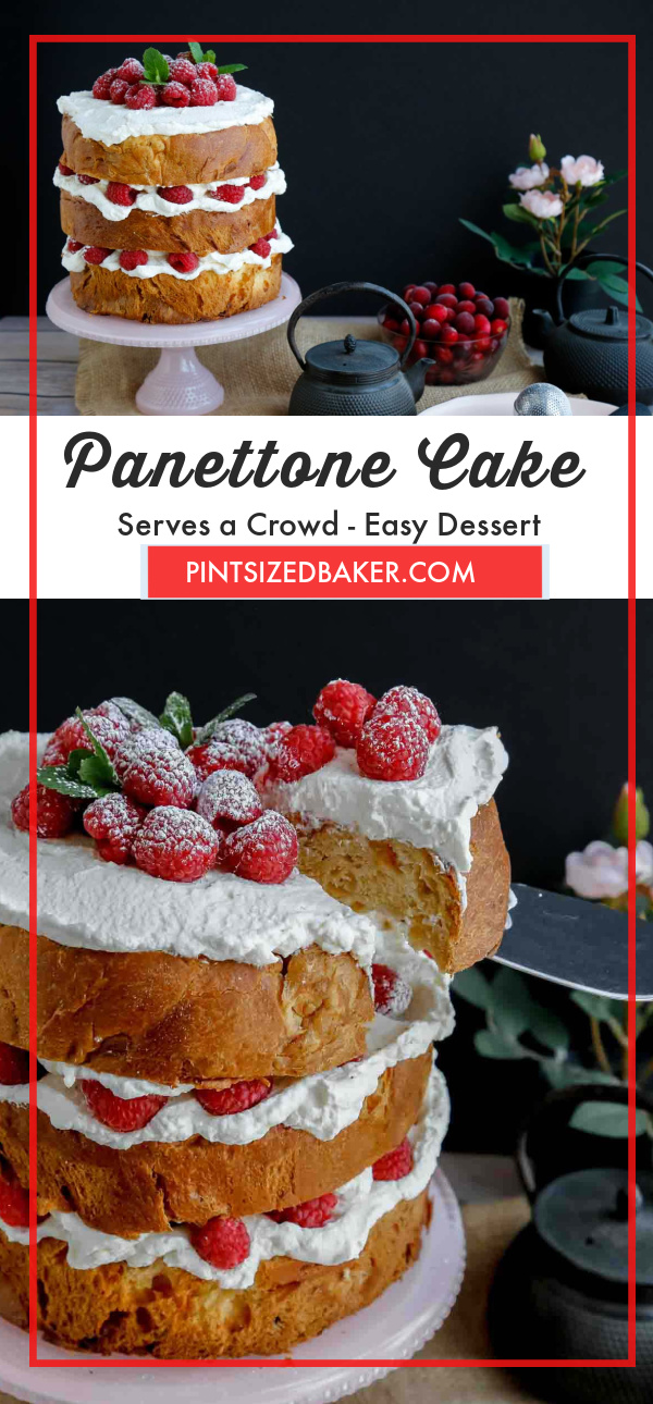 Buy a Panettone at the store and give it this great Christmas makeover. Spiked Mascarpone whipped cream and raspberries turn this sweet bread into an amazing holiday cake.
