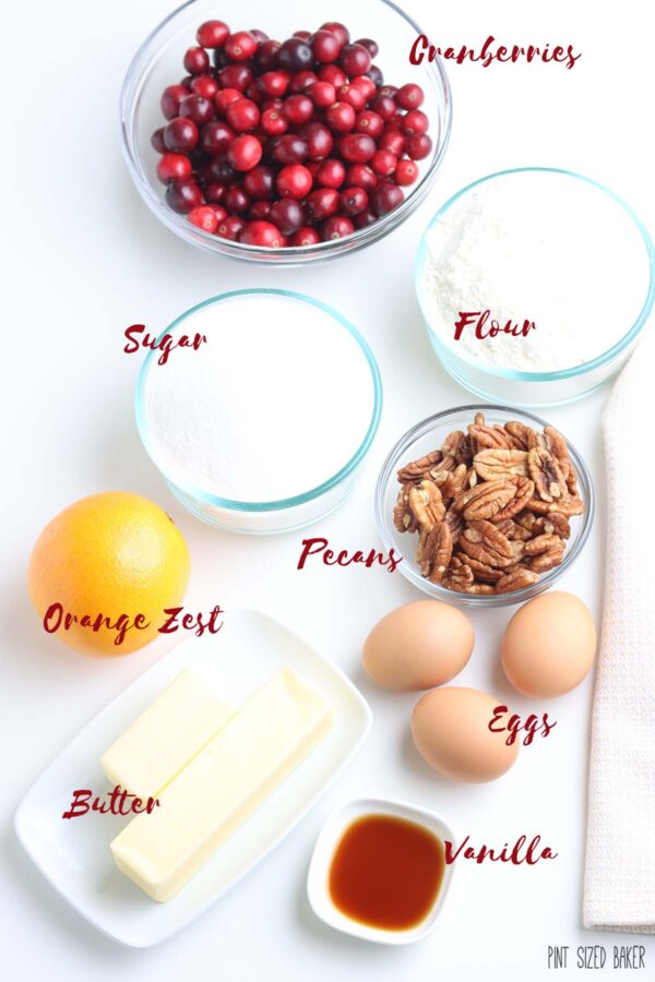 Ingredients need for the recipe: Cranberries, sugar, flour, pecans, orange zest, eggs, butter, vanilla.