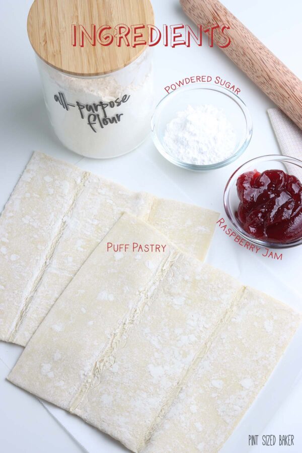 Ingredients for the Twists: Puff pastry, raspberry jam, some flour to roll out the dough, and powdered sugar for dusting.